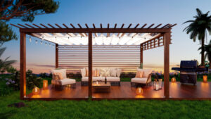 a beautiful new deck with pergola and outdoor furniture